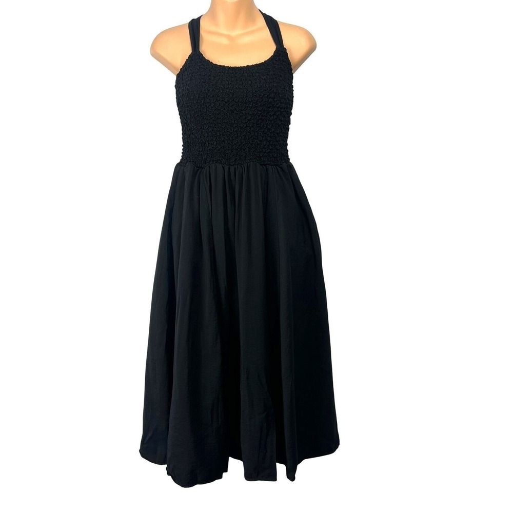 Wilfred Aritzia Alice Black Smocked Midi‎ Dress S Straps Pockets Vacation Beach